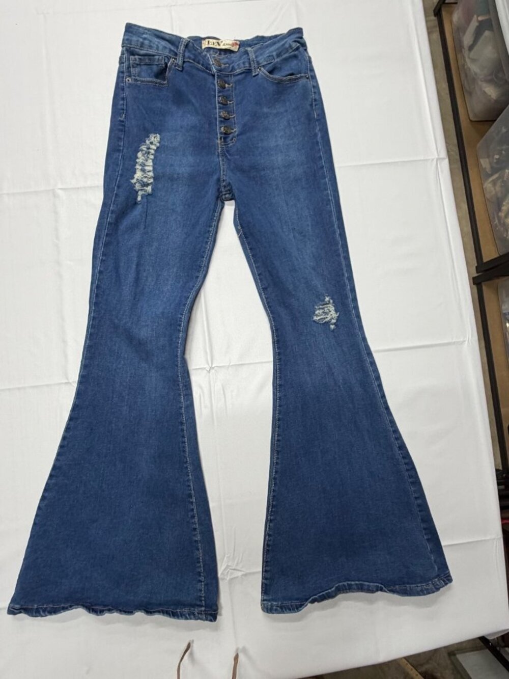 Lev Jeans women size 27 flare distressed med wash boho hippie button fly